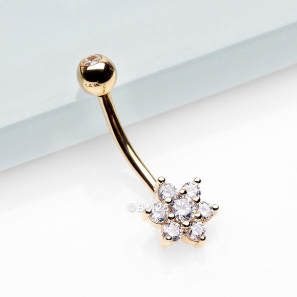 14 Karat Gold Brilliant Sparkle Prong Set Flower Belly Button Ring - Picture 1 of 2